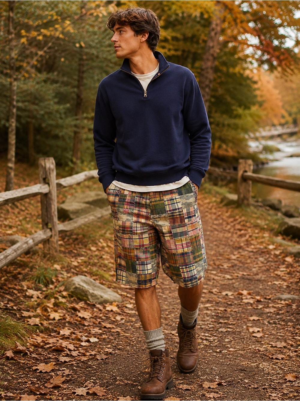 American Eagle Patchwork Madras Cotton Plaid Camo Shorts 33 East Coast Prep
